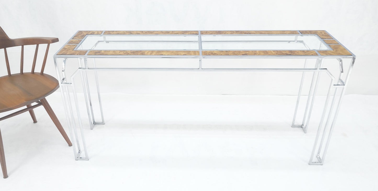 EstablishedLines Chrome Glass Burl Wood 58" Long Mid Century Modern Console Sofa Table MINT