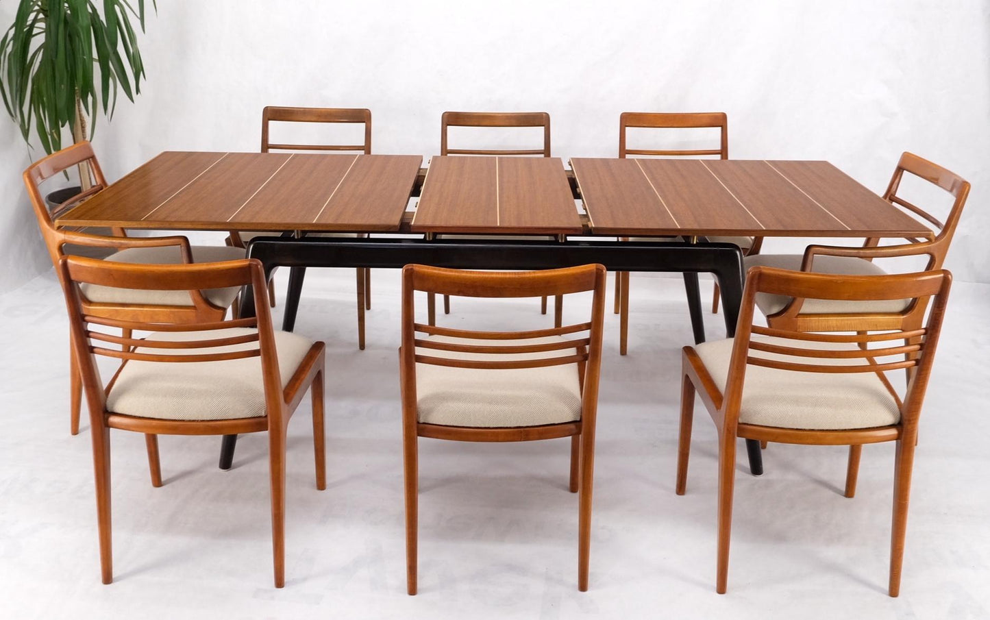 EstablishedLines Italian Mid-Century Modern Dining Table 8 Chairs Set New Linen Upholstery Seats