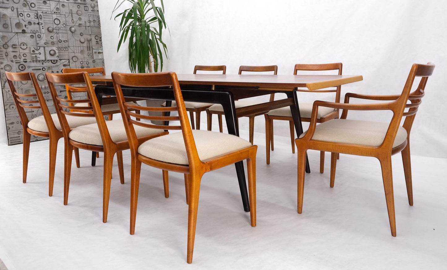 EstablishedLines Italian Mid-Century Modern Dining Table 8 Chairs Set New Linen Upholstery Seats