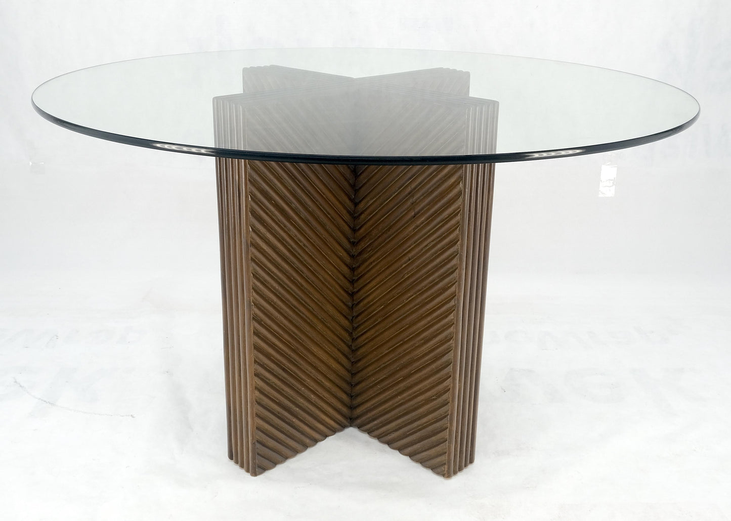 EstablishedLines Faux Bamboo Reed Cross X Shape Pedestal Base Glass Top Round Dining Table MINT!