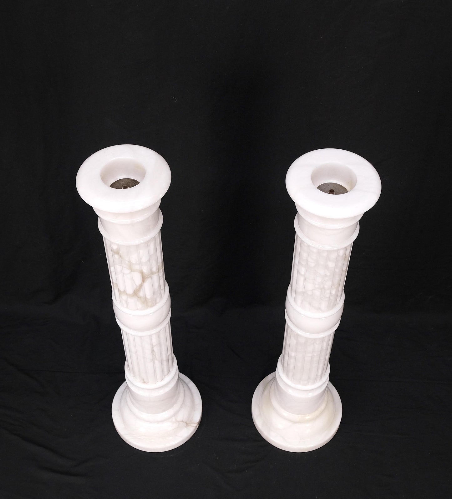 EstablishedLines Pair of Italian White Turned Marble Pedestals Columns Stands Mint