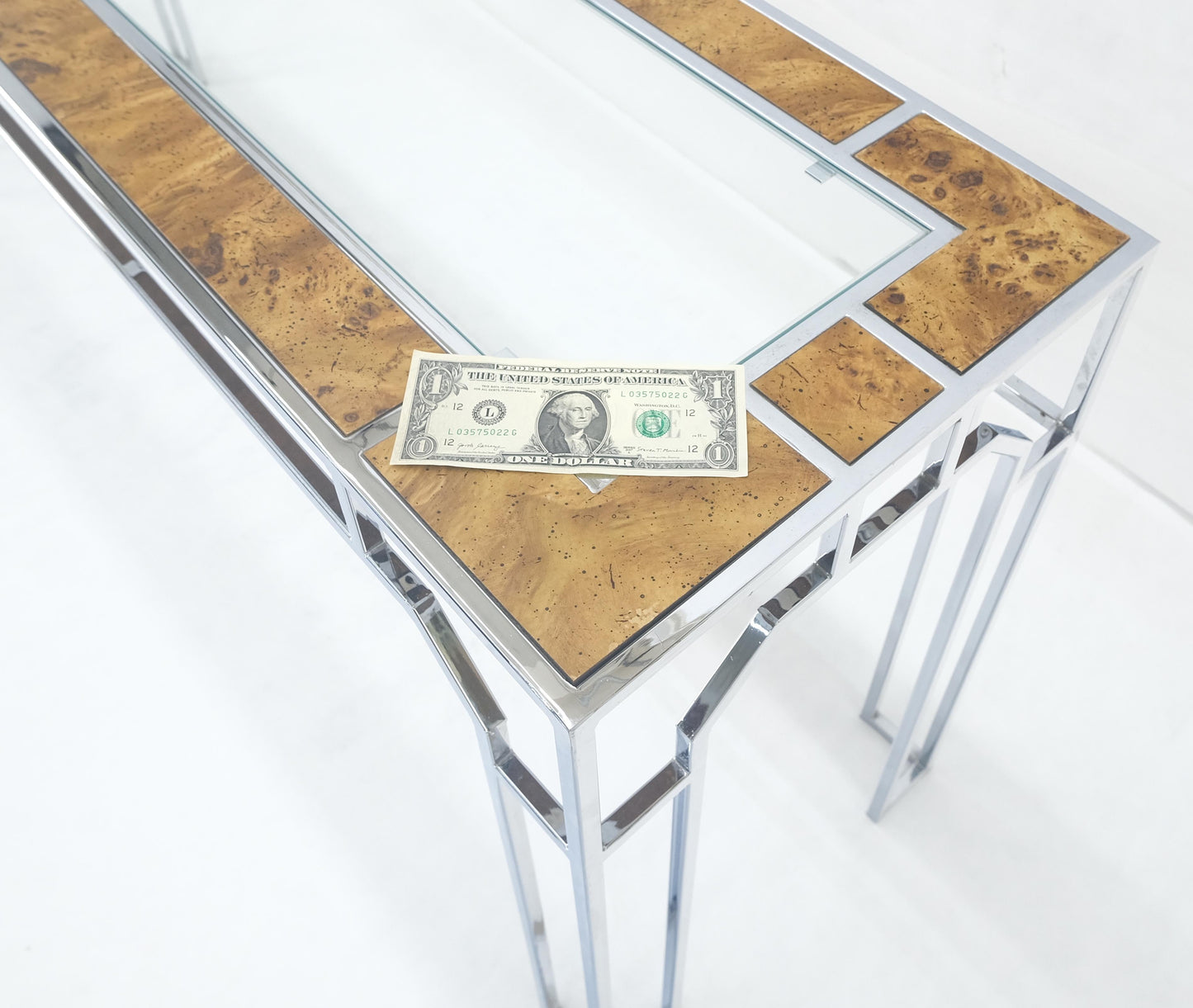 EstablishedLines Chrome Glass Burl Wood 58" Long Mid Century Modern Console Sofa Table MINT