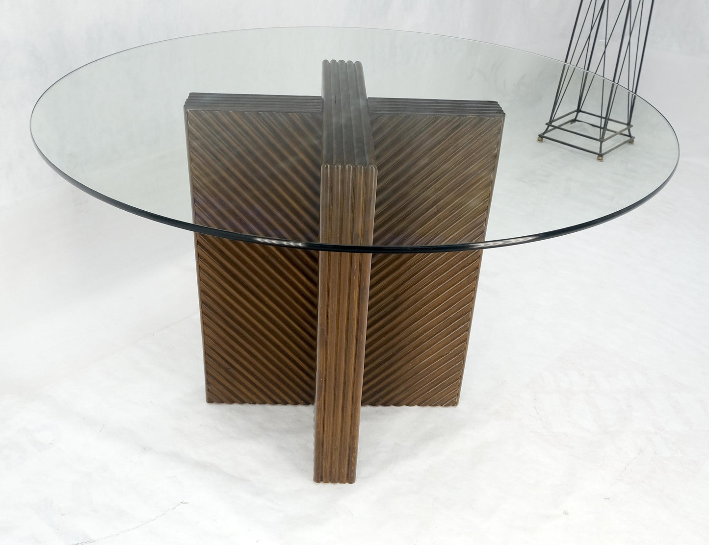 EstablishedLines Faux Bamboo Reed Cross X Shape Pedestal Base Glass Top Round Dining Table MINT!