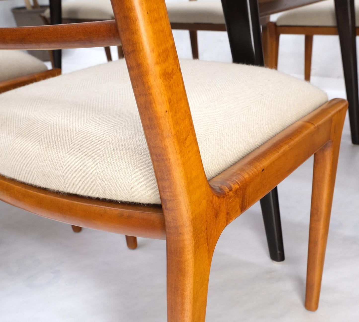 EstablishedLines Italian Mid-Century Modern Dining Table 8 Chairs Set New Linen Upholstery Seats