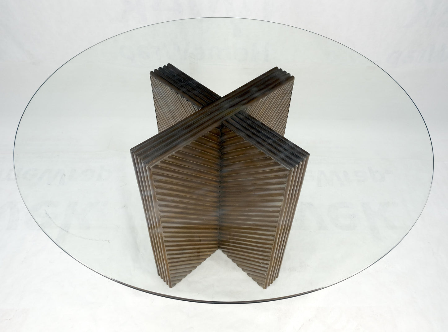 EstablishedLines Faux Bamboo Reed Cross X Shape Pedestal Base Glass Top Round Dining Table MINT!