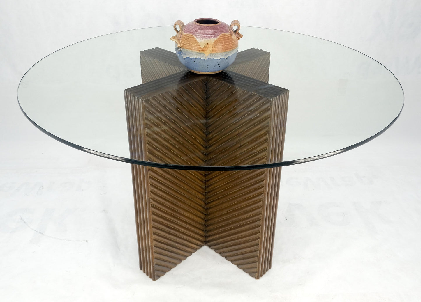 EstablishedLines Faux Bamboo Reed Cross X Shape Pedestal Base Glass Top Round Dining Table MINT!