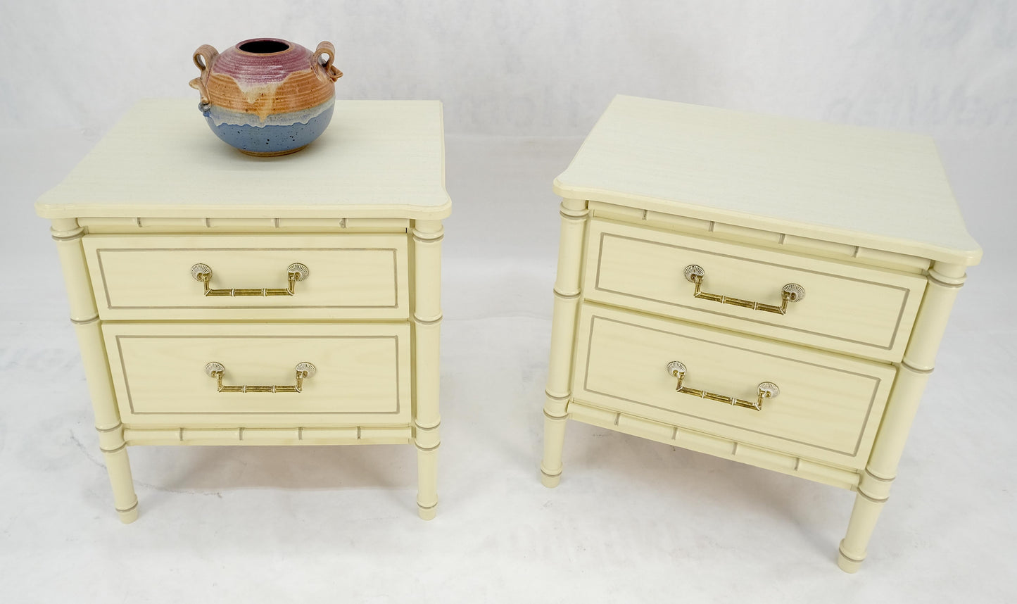 EstablishedLines Pair of Faux Bamboo Beige White Lacquer Two Drawers Nightstands End Tables MINT!
