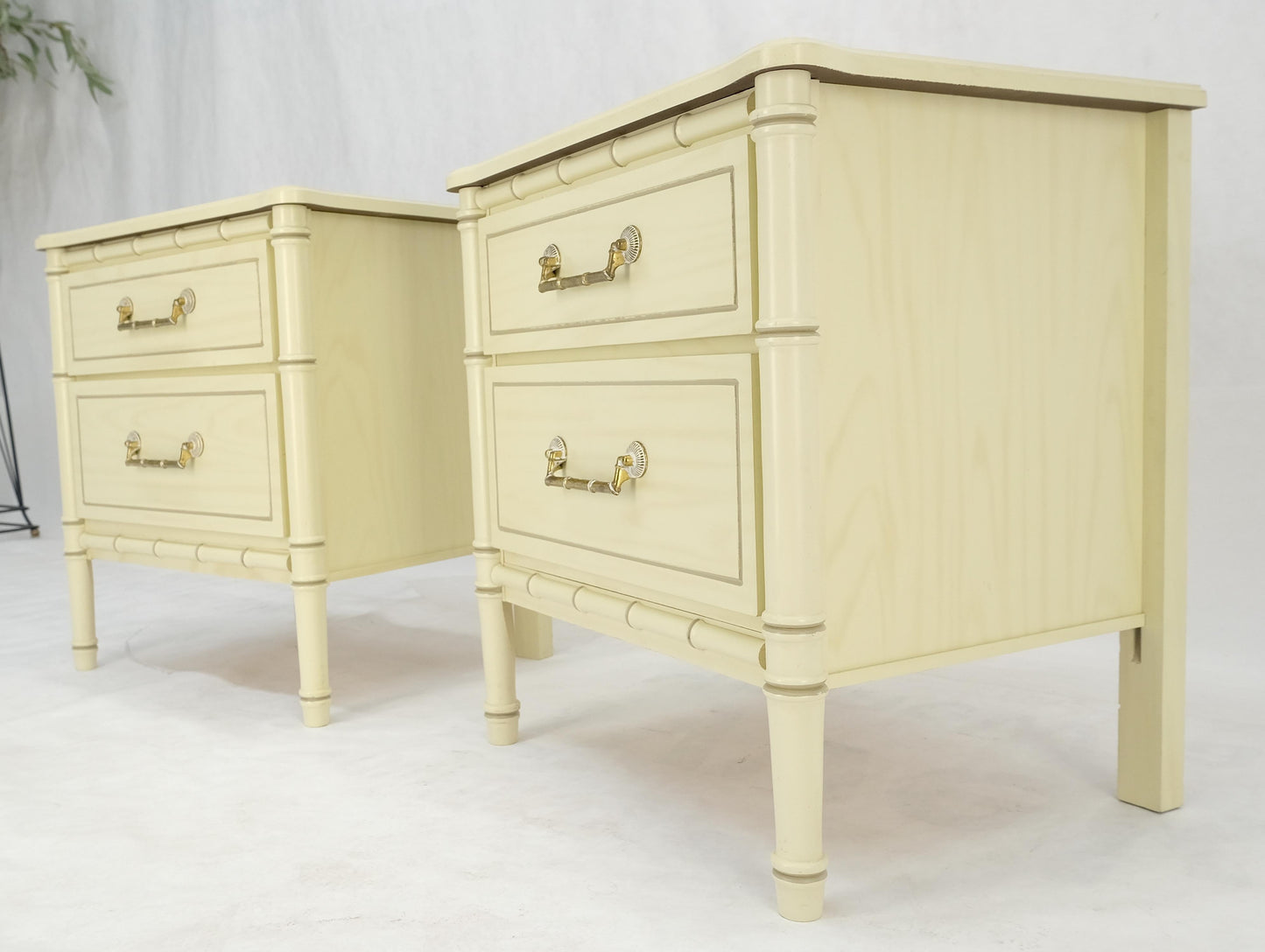 EstablishedLines Pair of Faux Bamboo Beige White Lacquer Two Drawers Nightstands End Tables MINT!