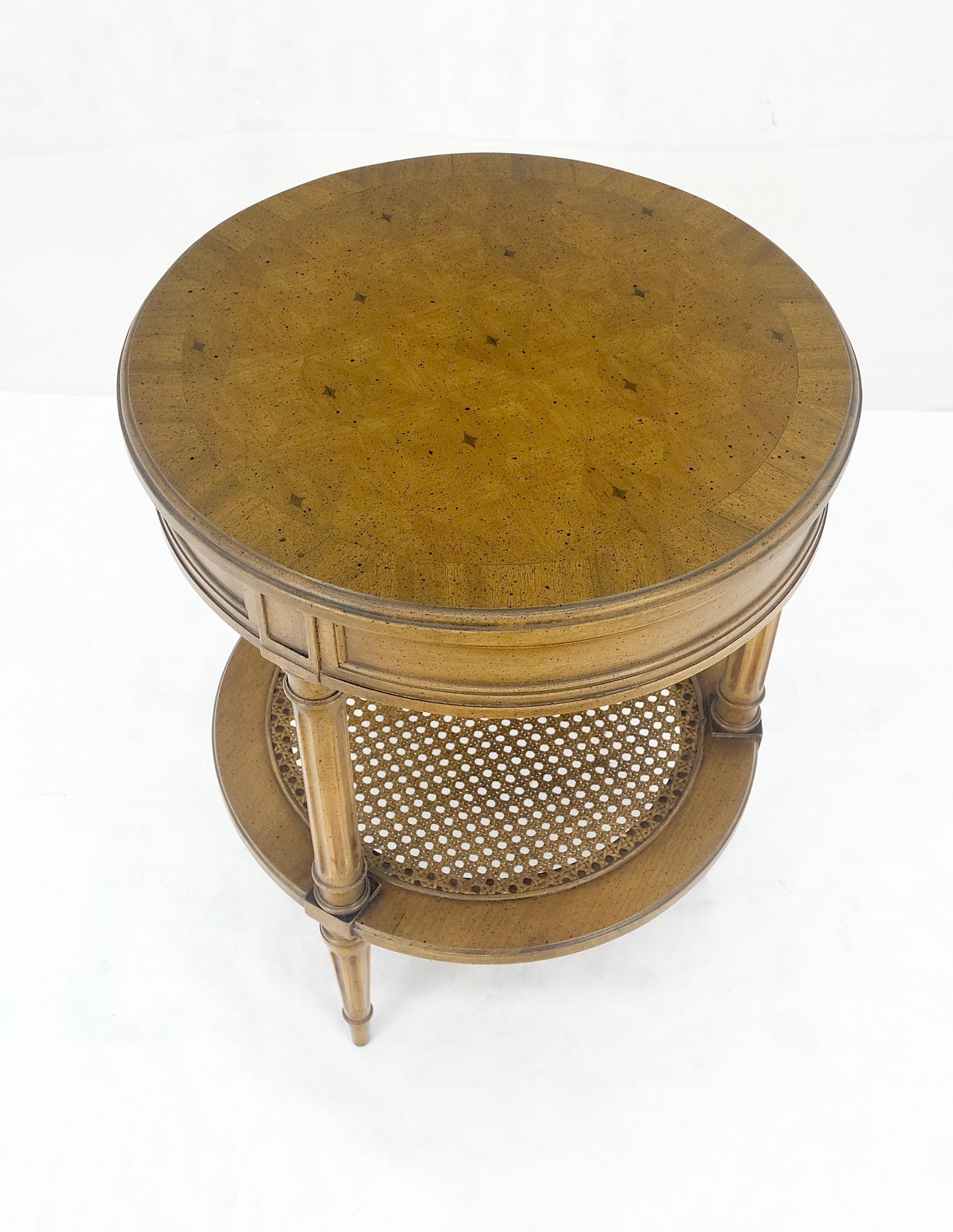EstablishedLines Marquetry Top Two Tier Cane Shelf 18" Diameter Lamp Side Center Table Stand MINT