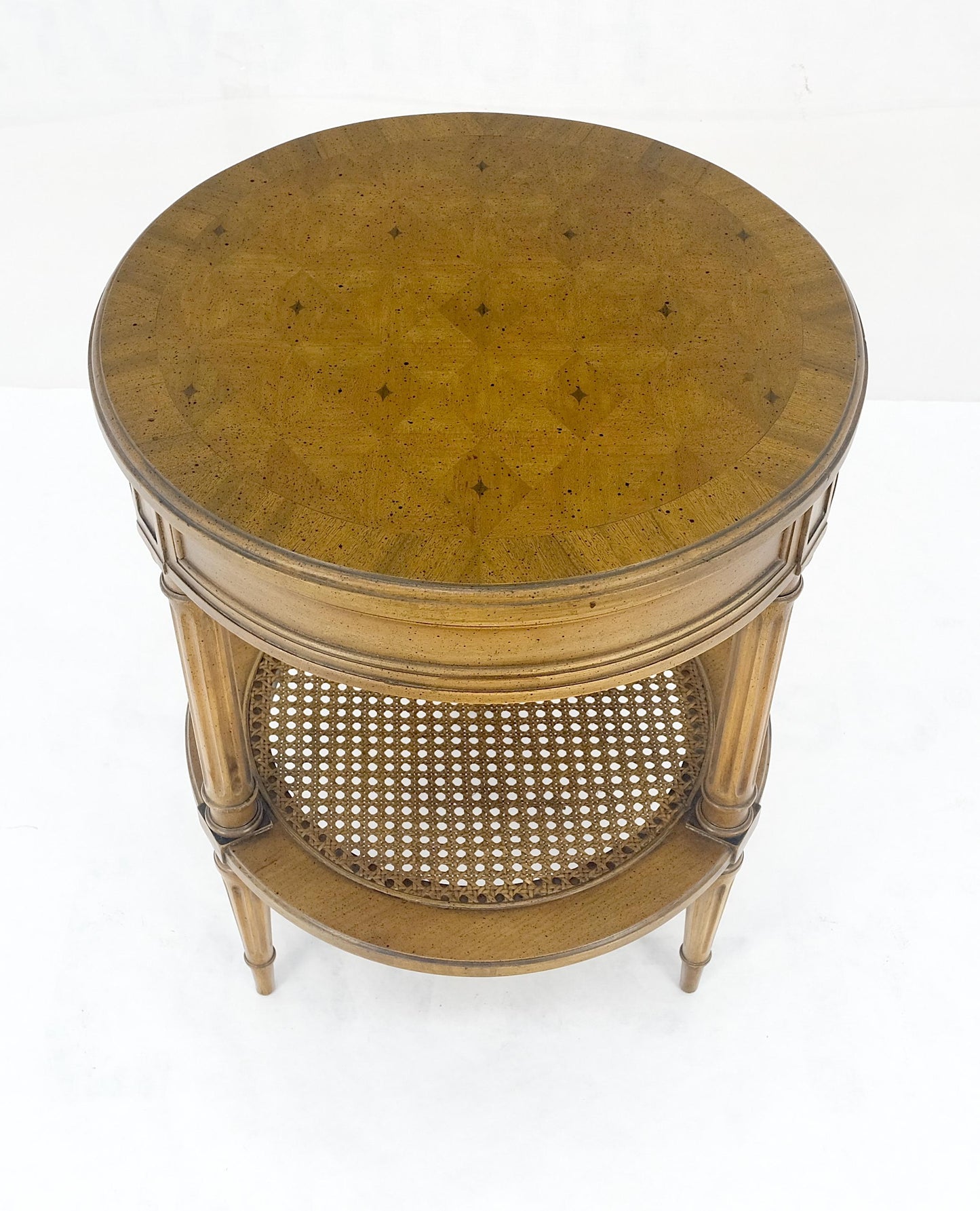 EstablishedLines Marquetry Top Two Tier Cane Shelf 18" Diameter Lamp Side Center Table Stand MINT