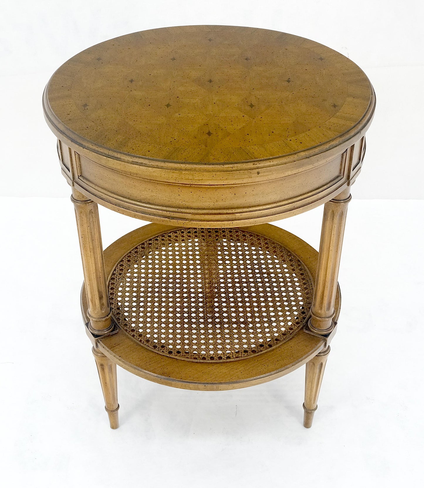 EstablishedLines Marquetry Top Two Tier Cane Shelf 18" Diameter Lamp Side Center Table Stand MINT