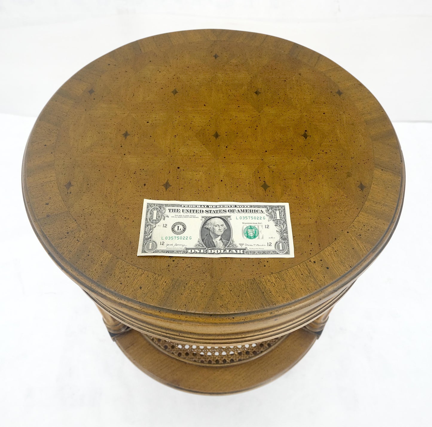 EstablishedLines Marquetry Top Two Tier Cane Shelf 18" Diameter Lamp Side Center Table Stand MINT