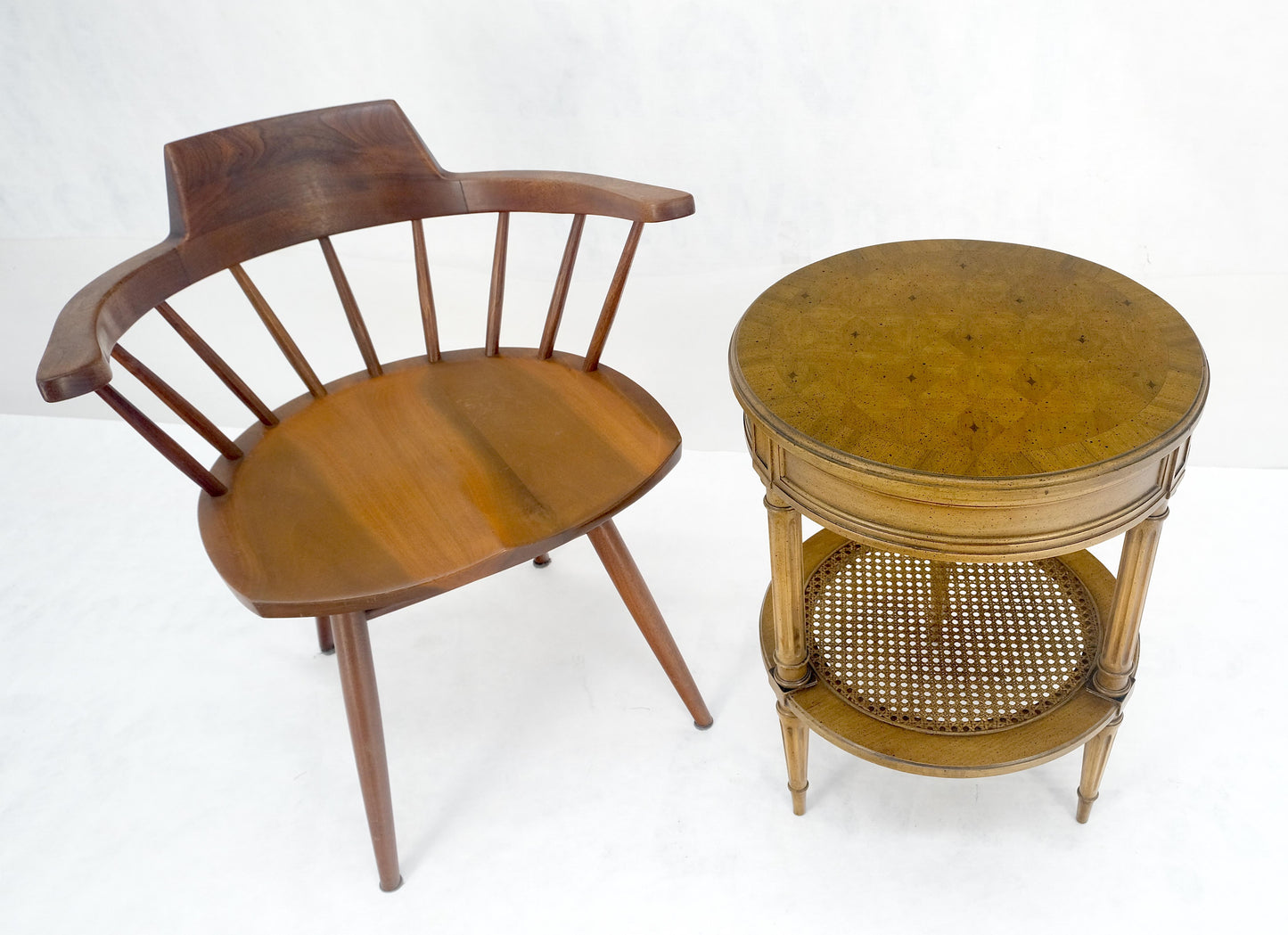 EstablishedLines Marquetry Top Two Tier Cane Shelf 18" Diameter Lamp Side Center Table Stand MINT