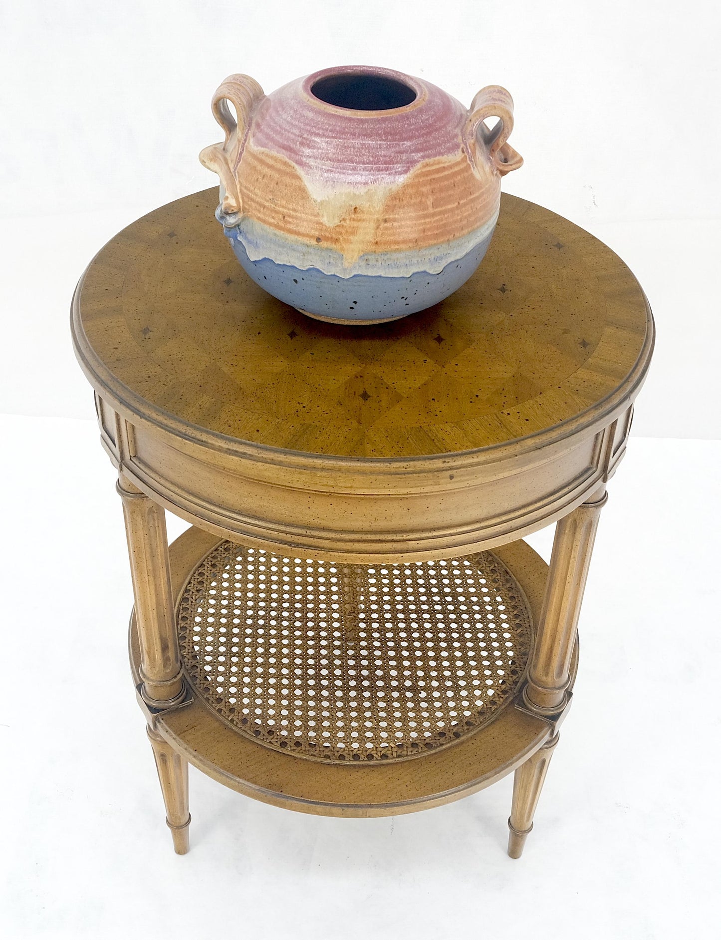 EstablishedLines Marquetry Top Two Tier Cane Shelf 18" Diameter Lamp Side Center Table Stand MINT