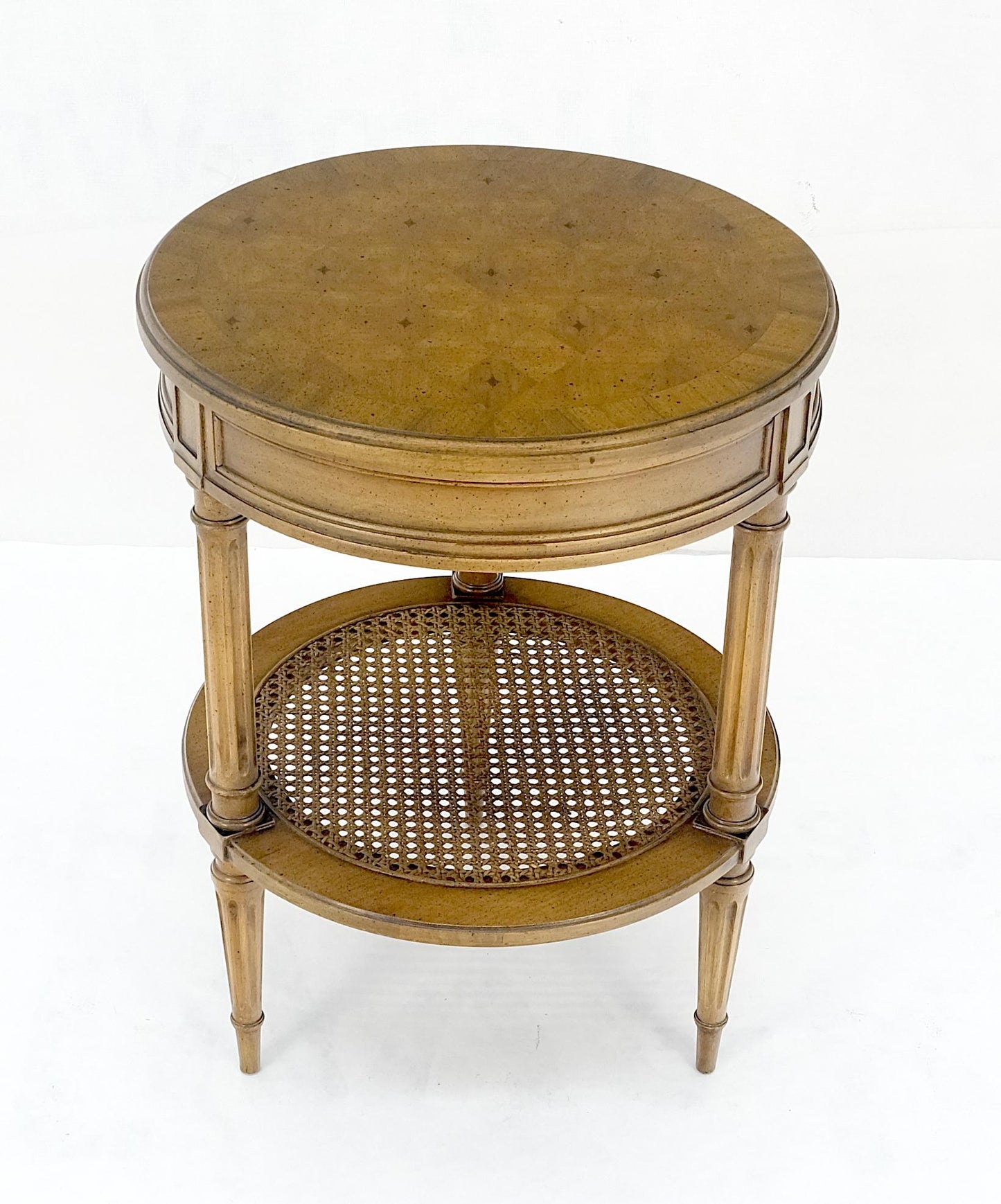 EstablishedLines Marquetry Top Two Tier Cane Shelf 18" Diameter Lamp Side Center Table Stand MINT