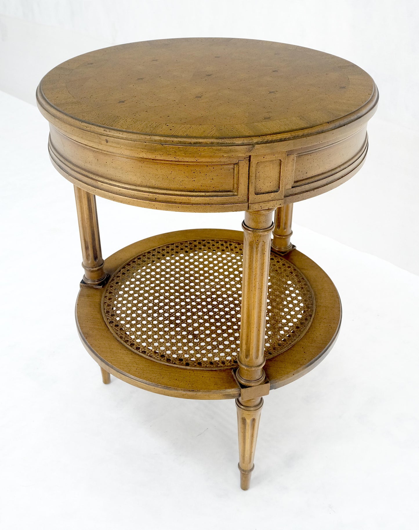 EstablishedLines Marquetry Top Two Tier Cane Shelf 18" Diameter Lamp Side Center Table Stand MINT