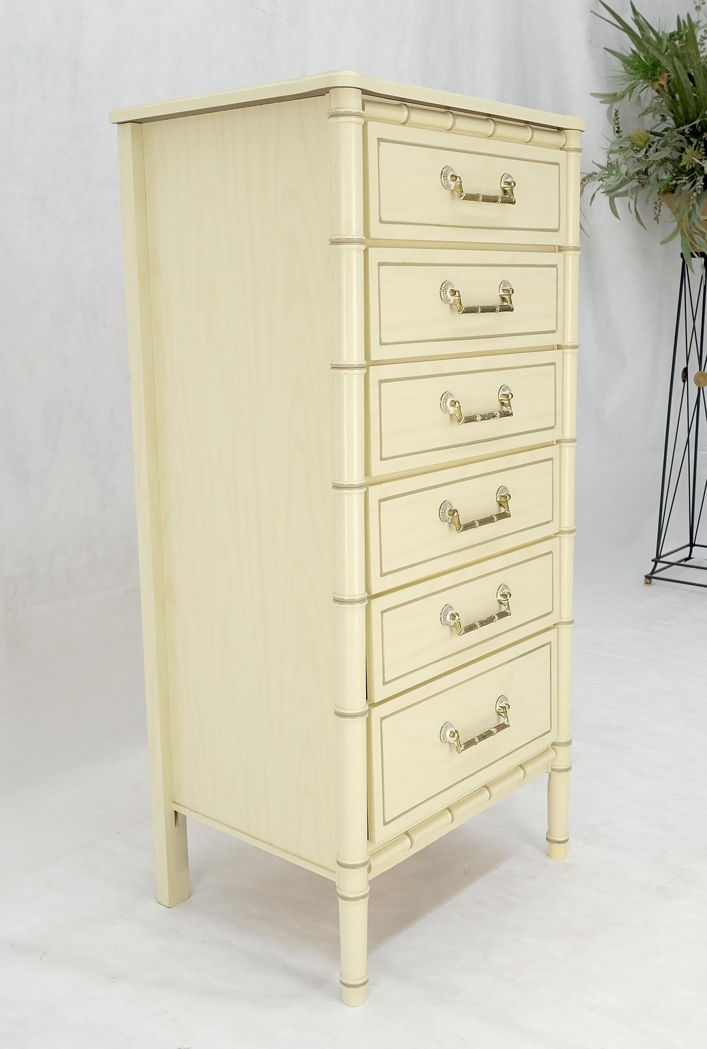 EstablishedLines Faux Bamboo Beige White Lacquer 48" Tall 6 Drawer Lingerie Chest Dresser MINT!