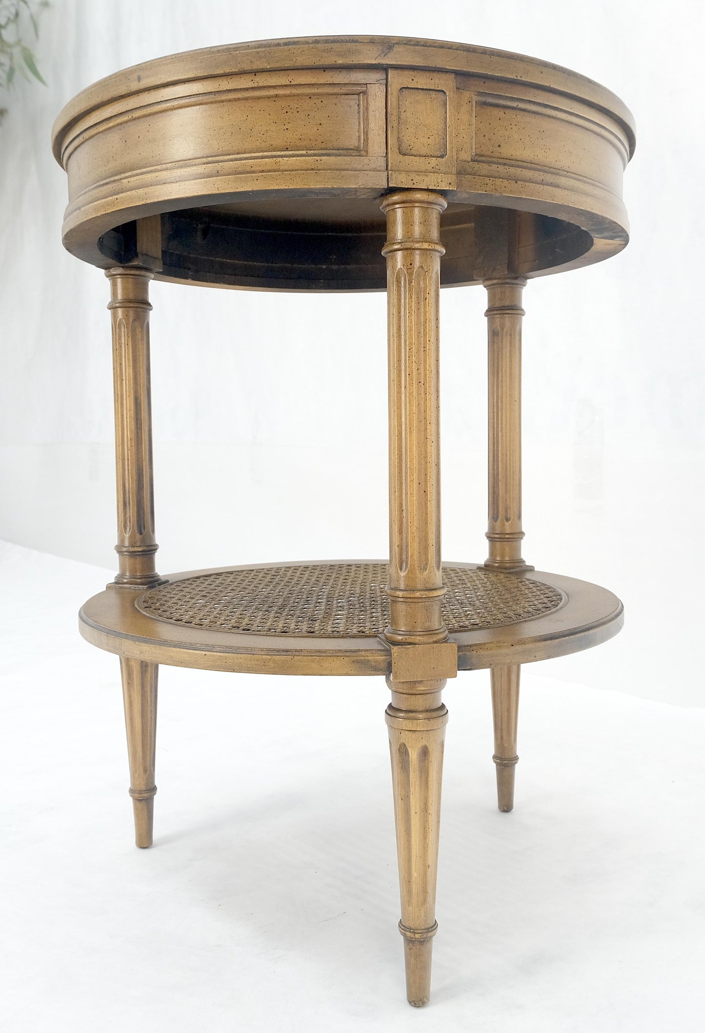 EstablishedLines Marquetry Top Two Tier Cane Shelf 18" Diameter Lamp Side Center Table Stand MINT
