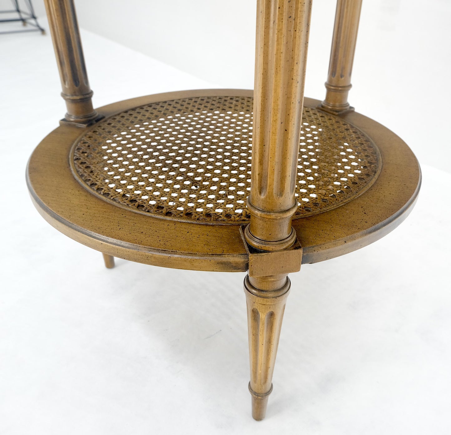 EstablishedLines Marquetry Top Two Tier Cane Shelf 18" Diameter Lamp Side Center Table Stand MINT