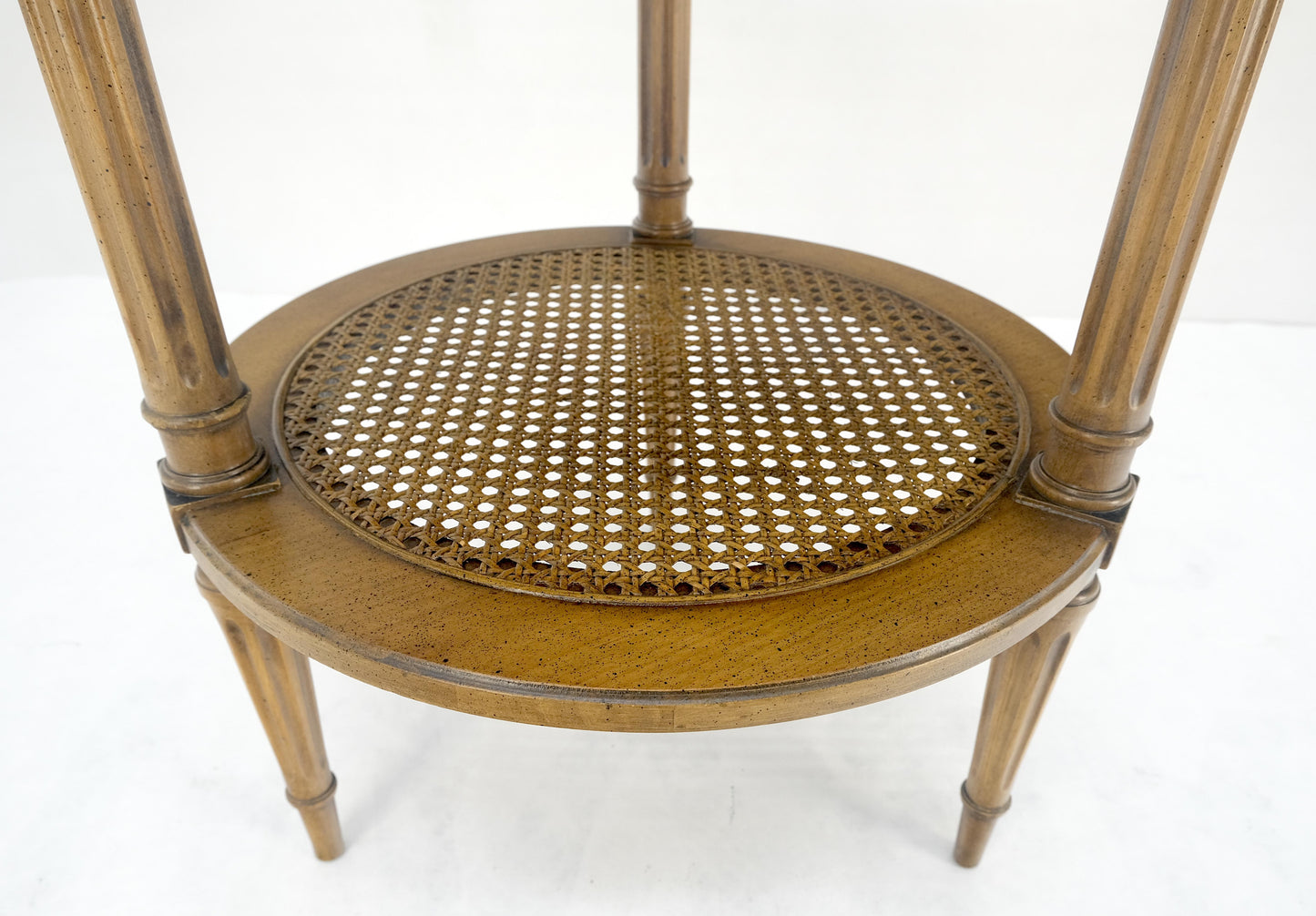 EstablishedLines Marquetry Top Two Tier Cane Shelf 18" Diameter Lamp Side Center Table Stand MINT