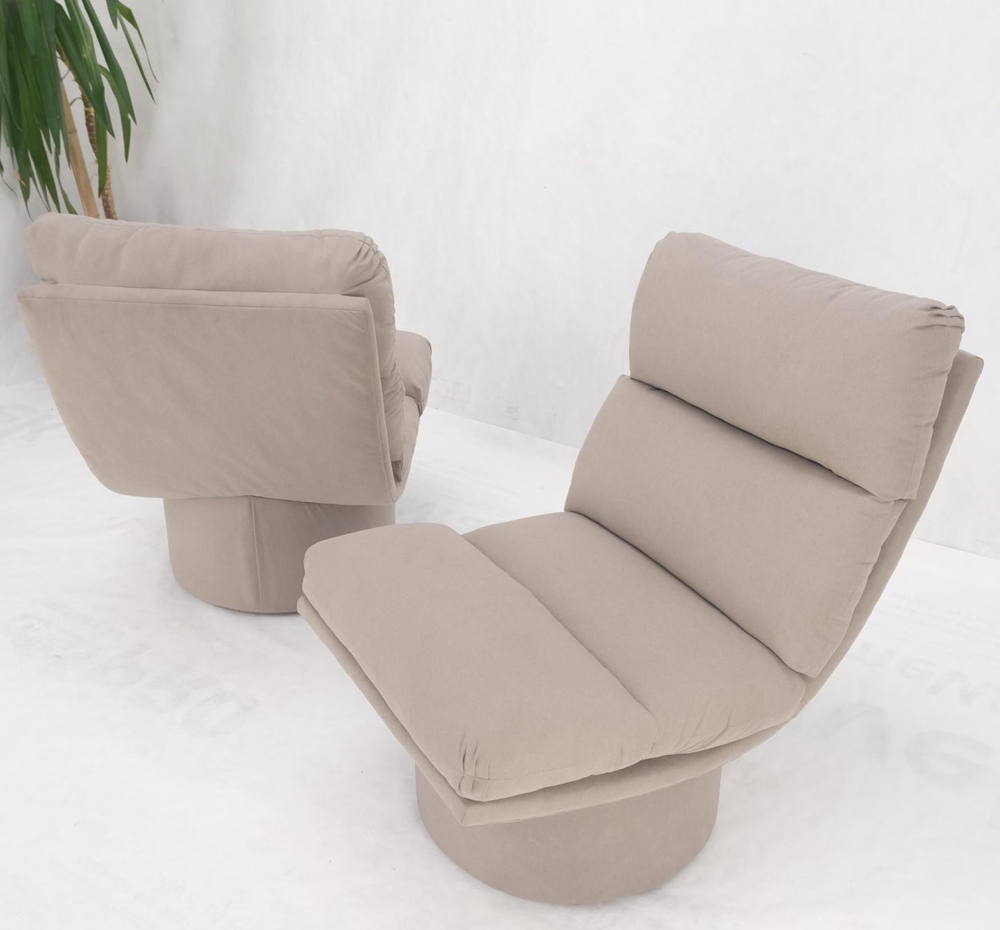EstablishedLines Pair New Light Coffee to Grey Alcantera Upholstery Scoop Lounge Chairs SHARP!