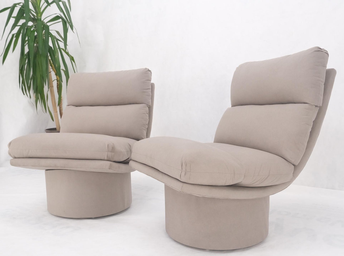 EstablishedLines Pair New Light Coffee to Grey Alcantera Upholstery Scoop Lounge Chairs SHARP!