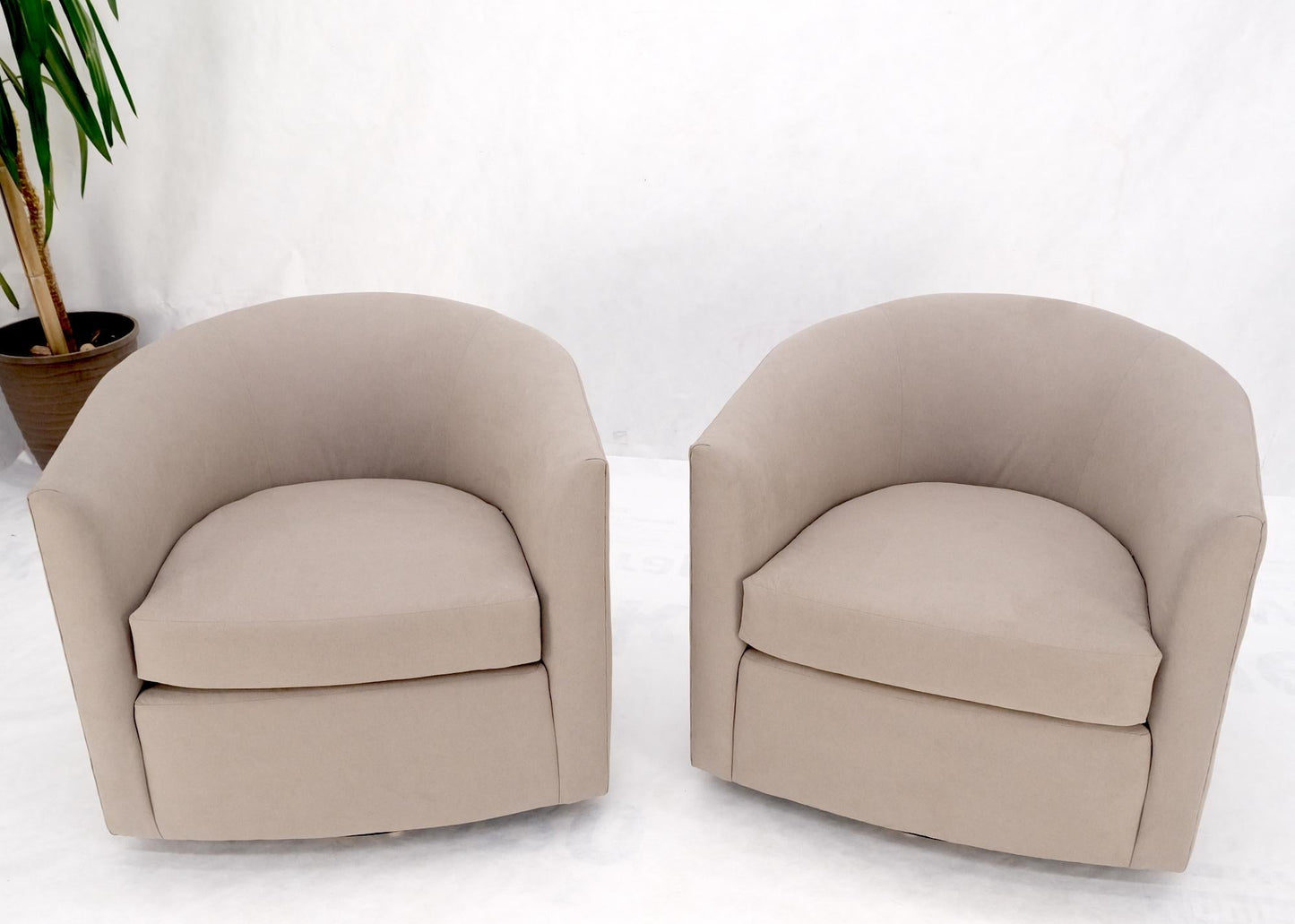 EstablishedLines Pair of New Alcantera Upholstery Barrel Back Tub Baughman Lounge Chairs SHARP!