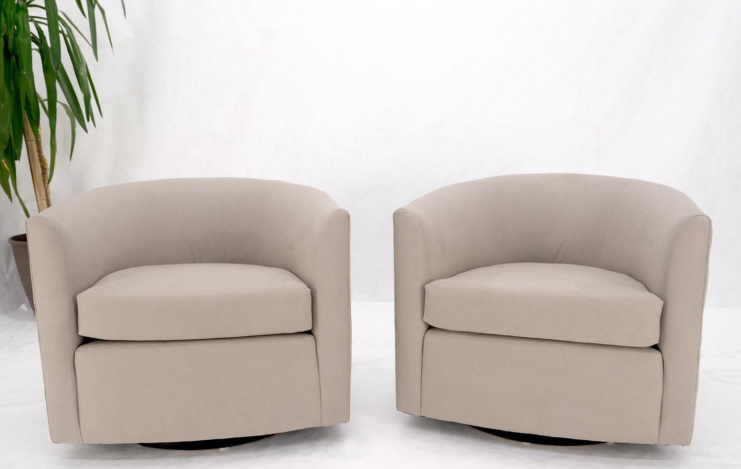 EstablishedLines Pair of New Alcantera Upholstery Barrel Back Tub Baughman Lounge Chairs SHARP!