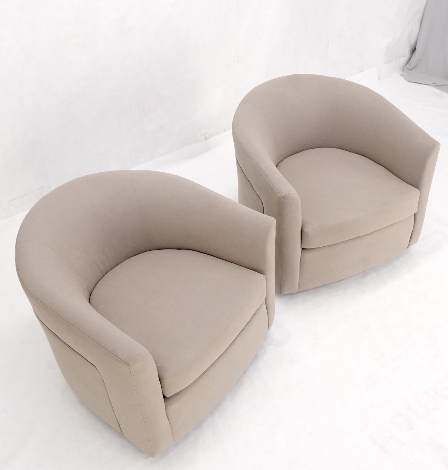 EstablishedLines Pair of New Alcantera Upholstery Barrel Back Tub Baughman Lounge Chairs SHARP!