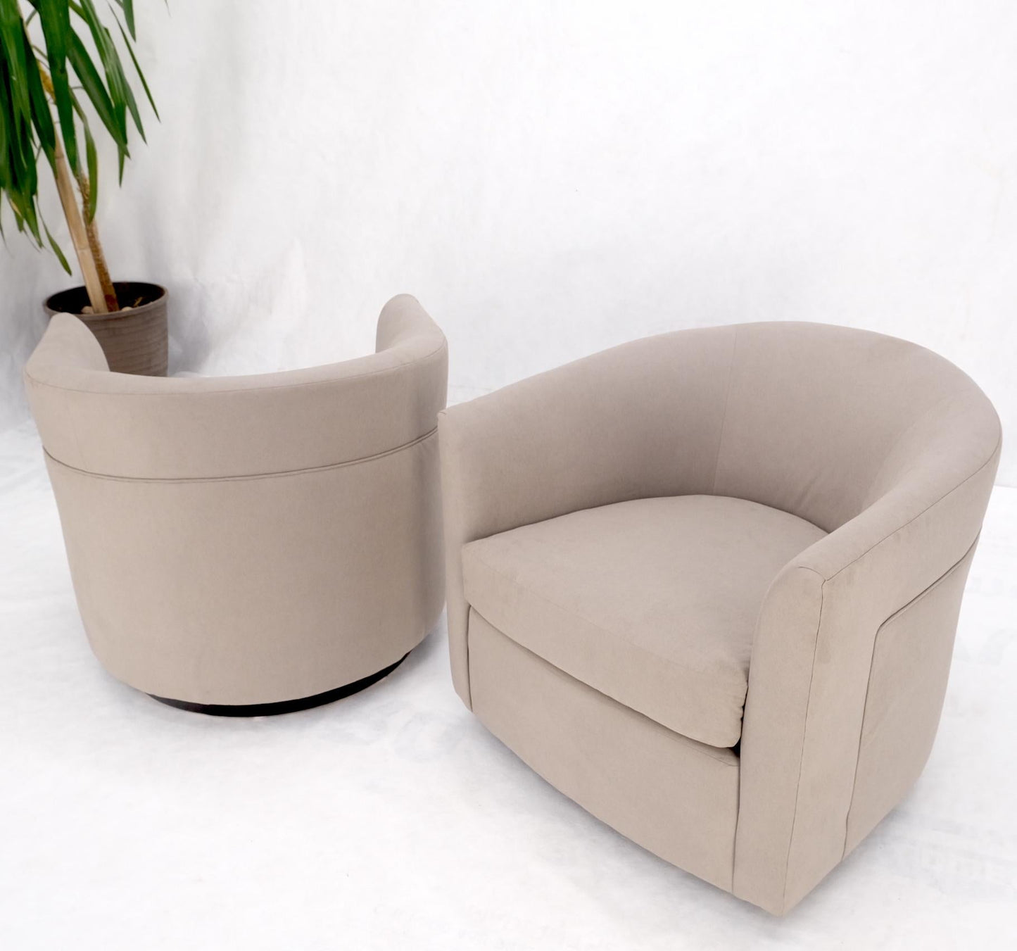 EstablishedLines Pair of New Alcantera Upholstery Barrel Back Tub Baughman Lounge Chairs SHARP!