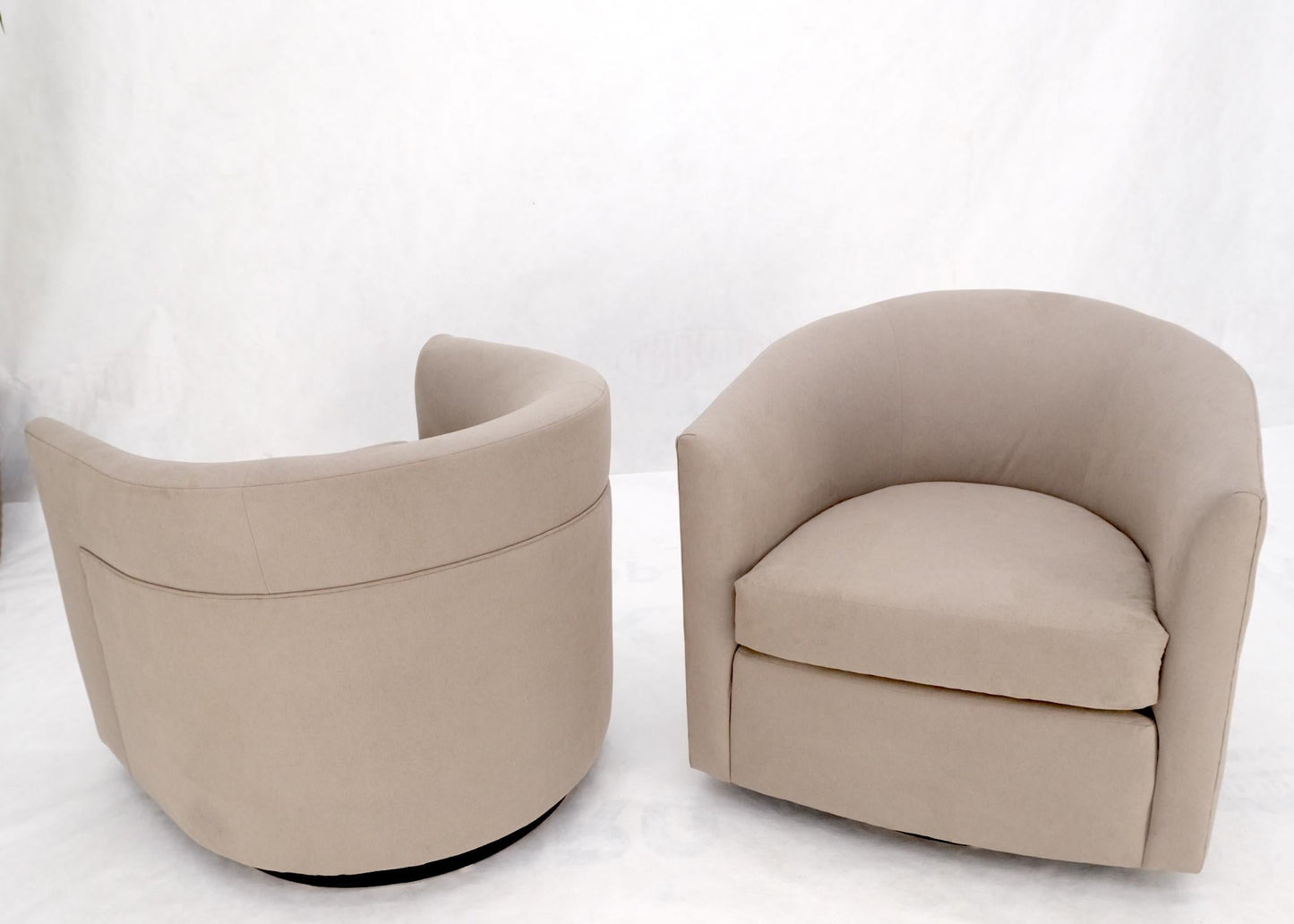 EstablishedLines Pair of New Alcantera Upholstery Barrel Back Tub Baughman Lounge Chairs SHARP!