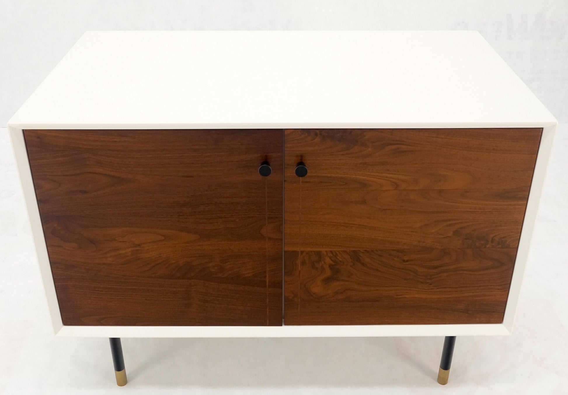 EstablishedLines White Lacquer Oiled Walnut Double Door Cylinder Legs Brass Tips Legs Credenza