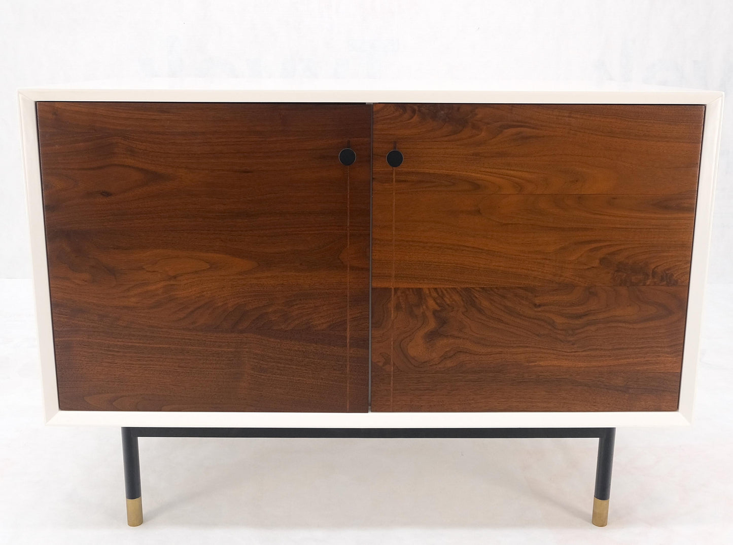 EstablishedLines White Lacquer Oiled Walnut Double Door Cylinder Legs Brass Tips Legs Credenza