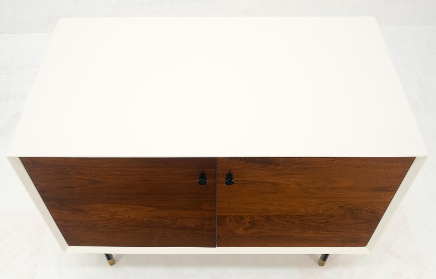 EstablishedLines White Lacquer Oiled Walnut Double Door Cylinder Legs Brass Tips Legs Credenza