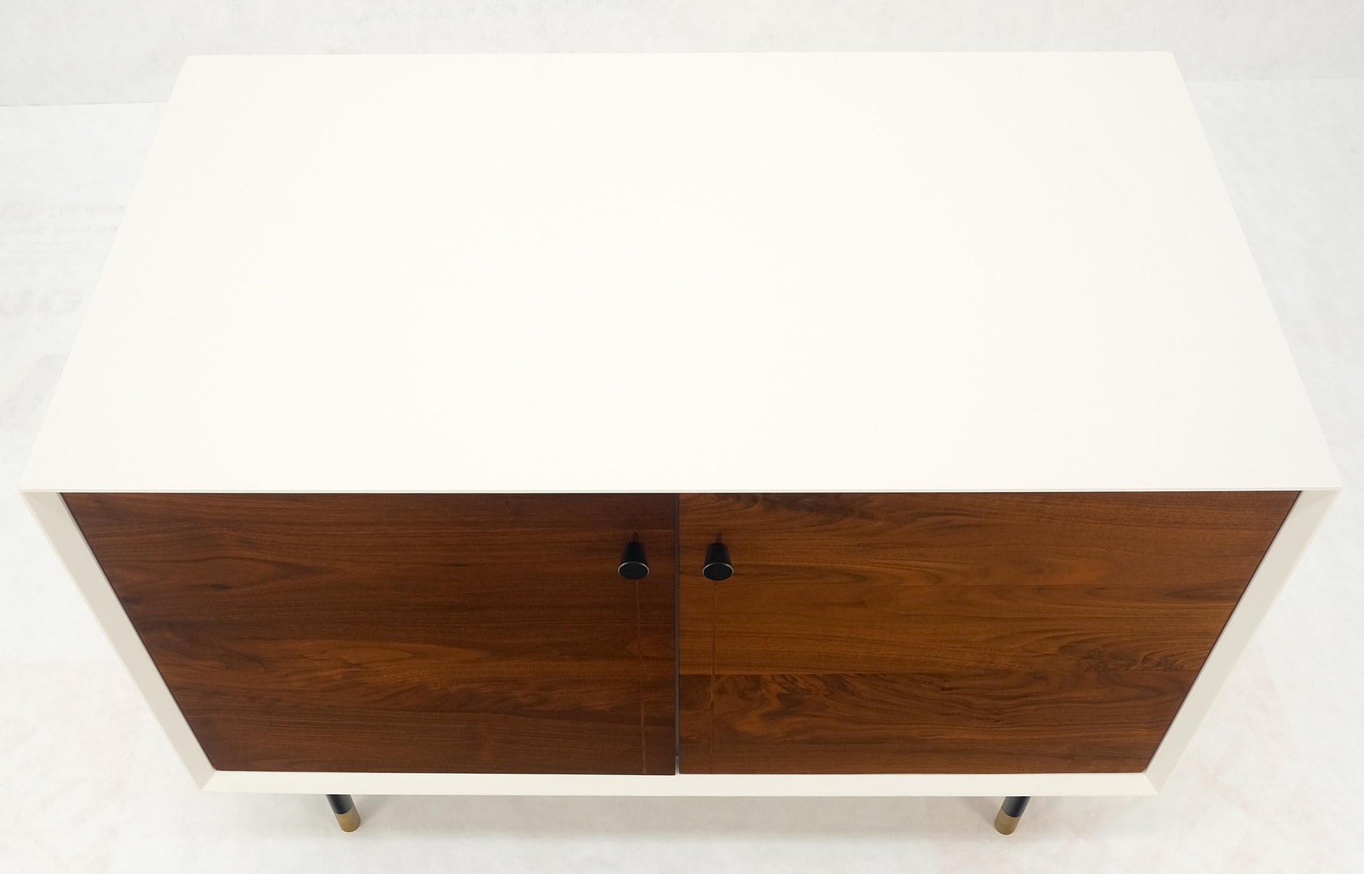 EstablishedLines White Lacquer Oiled Walnut Double Door Cylinder Legs Brass Tips Legs Credenza