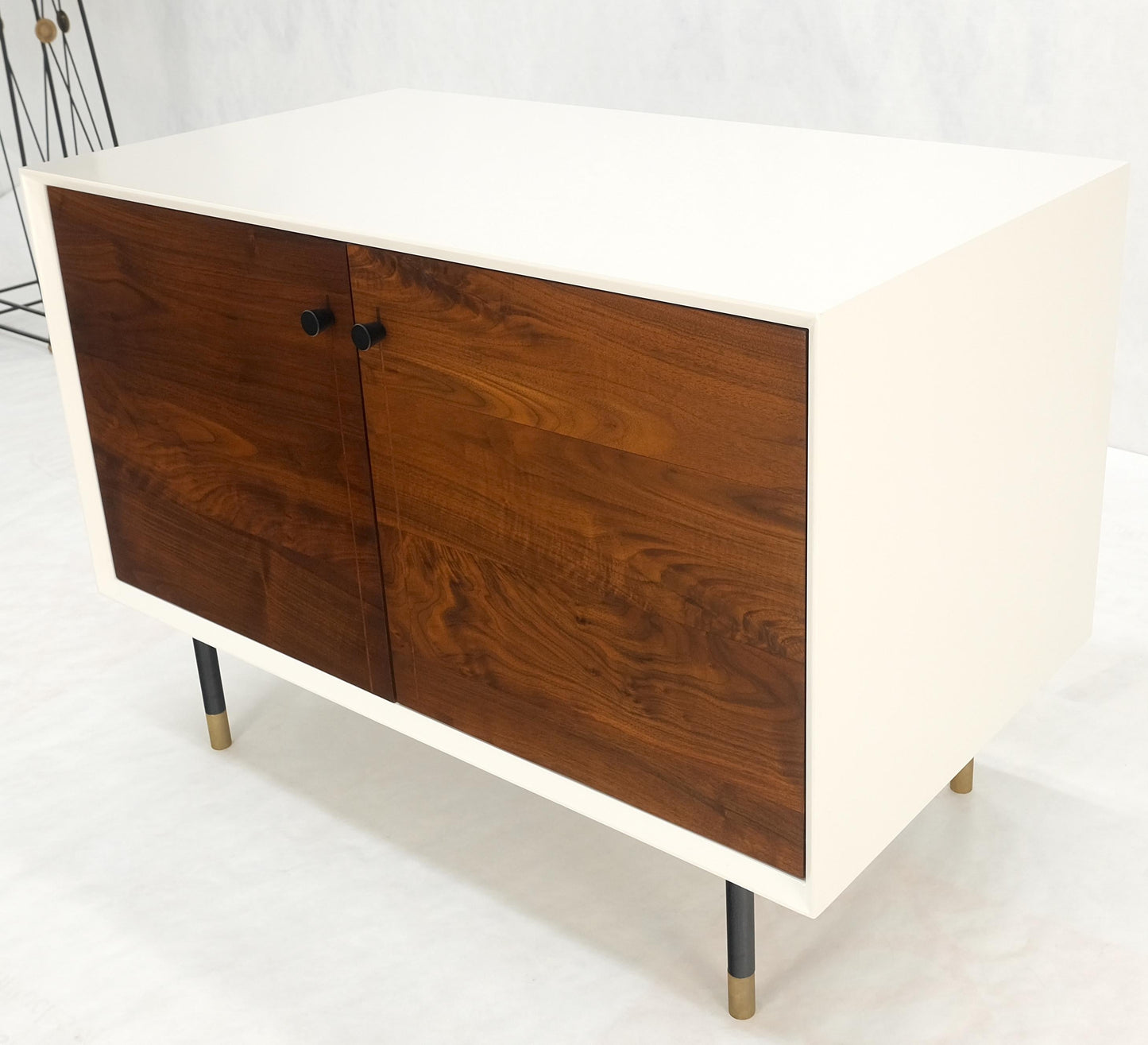 EstablishedLines White Lacquer Oiled Walnut Double Door Cylinder Legs Brass Tips Legs Credenza