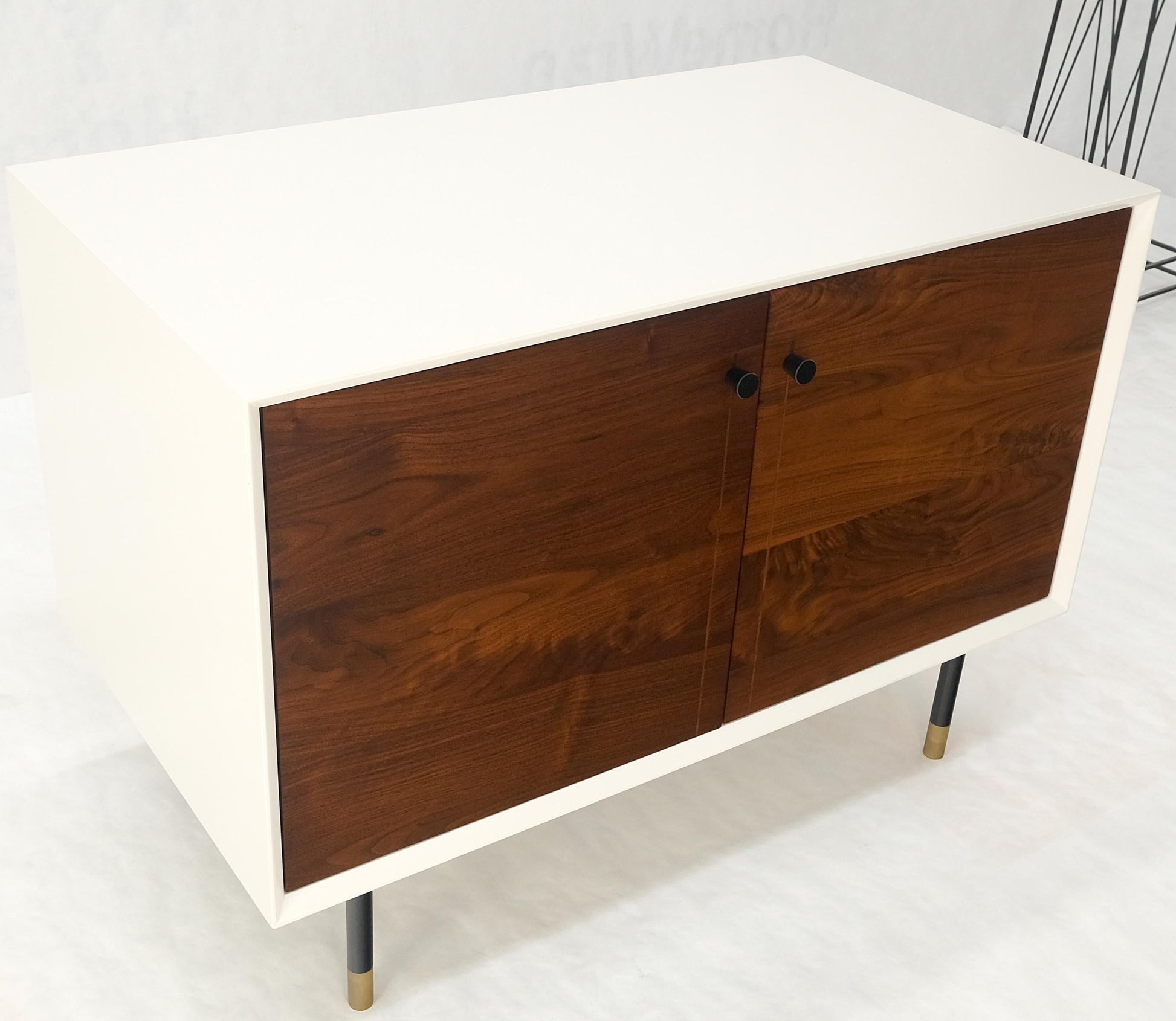 EstablishedLines White Lacquer Oiled Walnut Double Door Cylinder Legs Brass Tips Legs Credenza