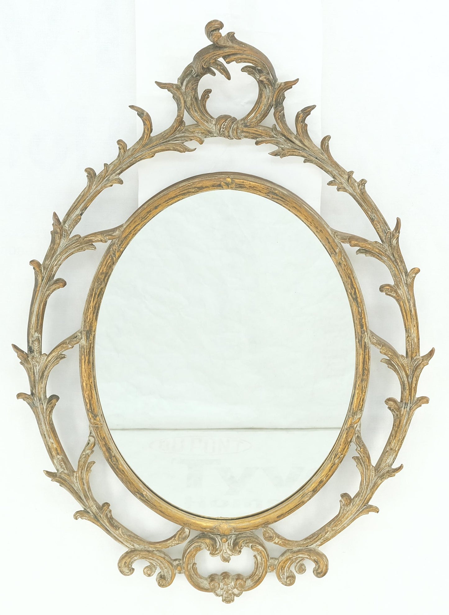 EstablishedLines Gesso Pierced Wood Gold Leaf Frame Oval Round Rococo Wall Mirror c1920s MINT!