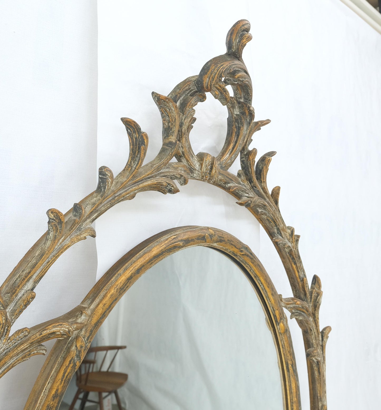 EstablishedLines Gesso Pierced Wood Gold Leaf Frame Oval Round Rococo Wall Mirror c1920s MINT!