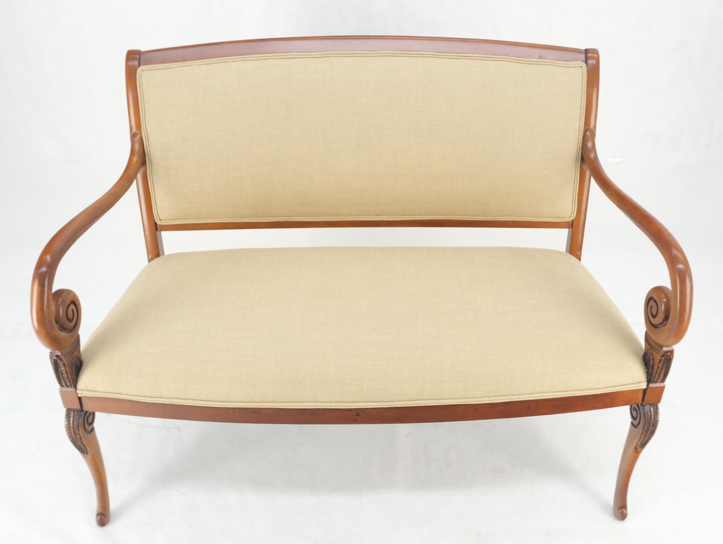 EstablishedLines New Solid Linen Upholstery Antique Louis Phillipe Style Carved Maple Loveseat