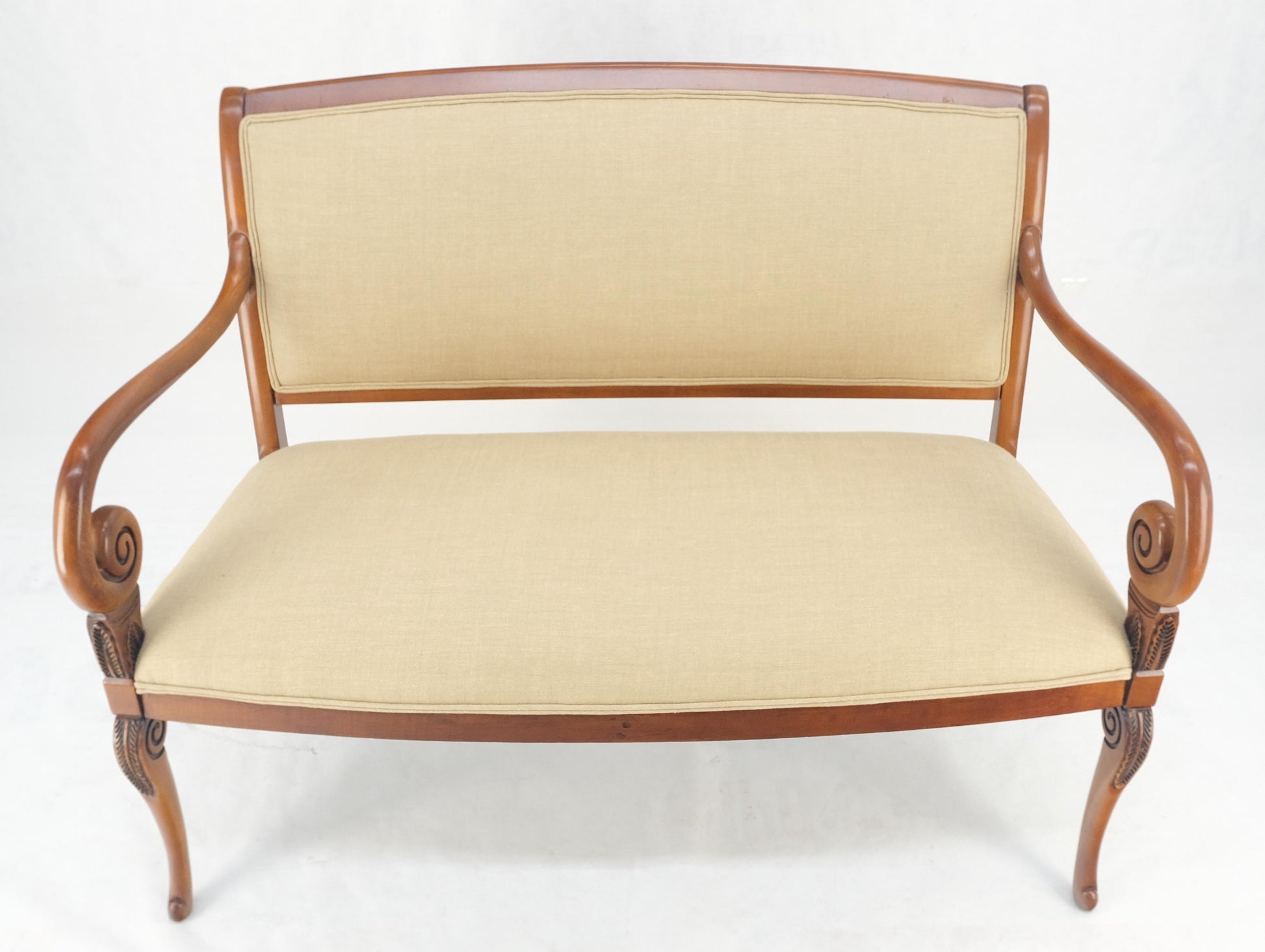 EstablishedLines New Solid Linen Upholstery Antique Louis Phillipe Style Carved Maple Loveseat