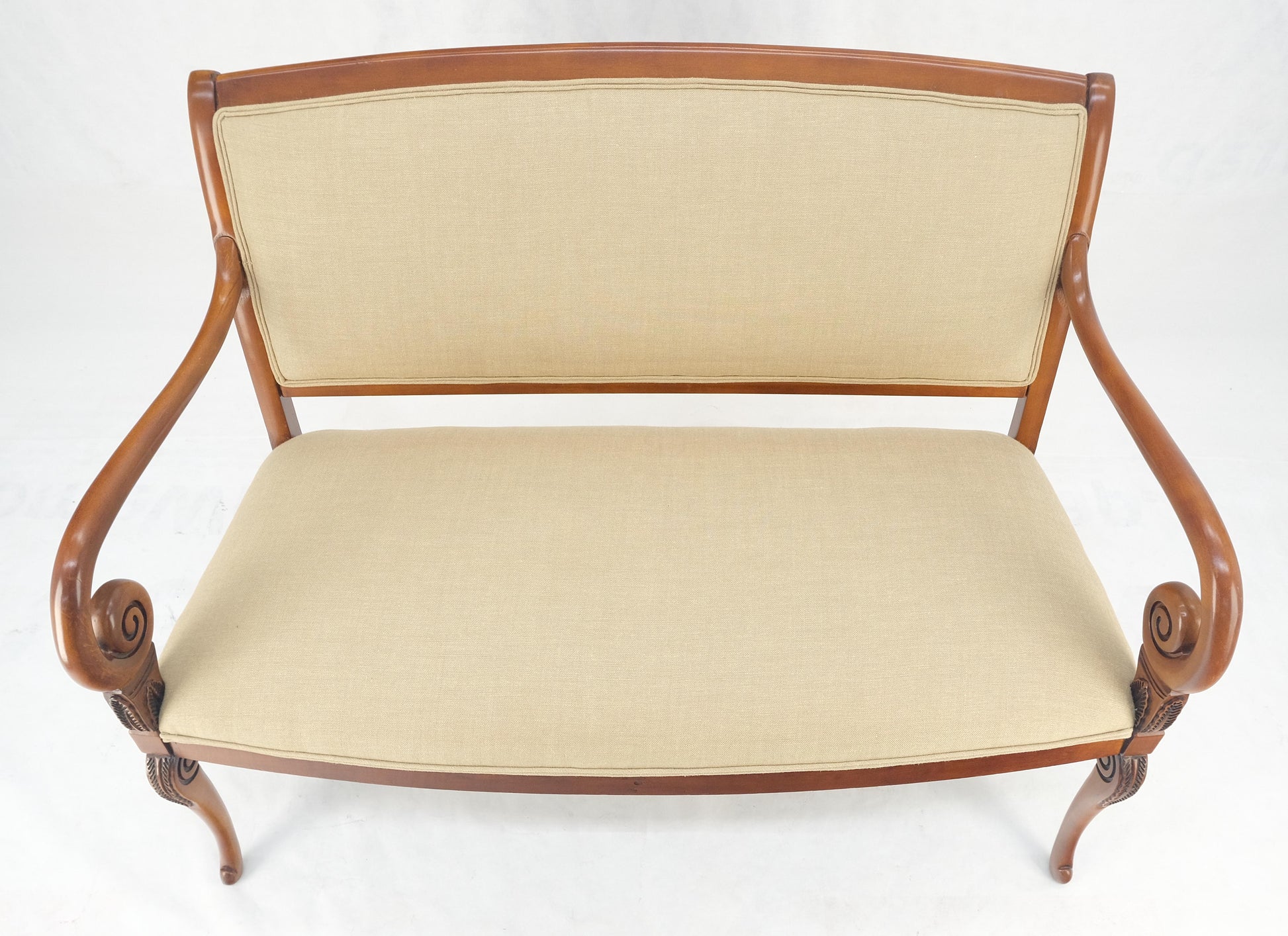 EstablishedLines New Solid Linen Upholstery Antique Louis Phillipe Style Carved Maple Loveseat