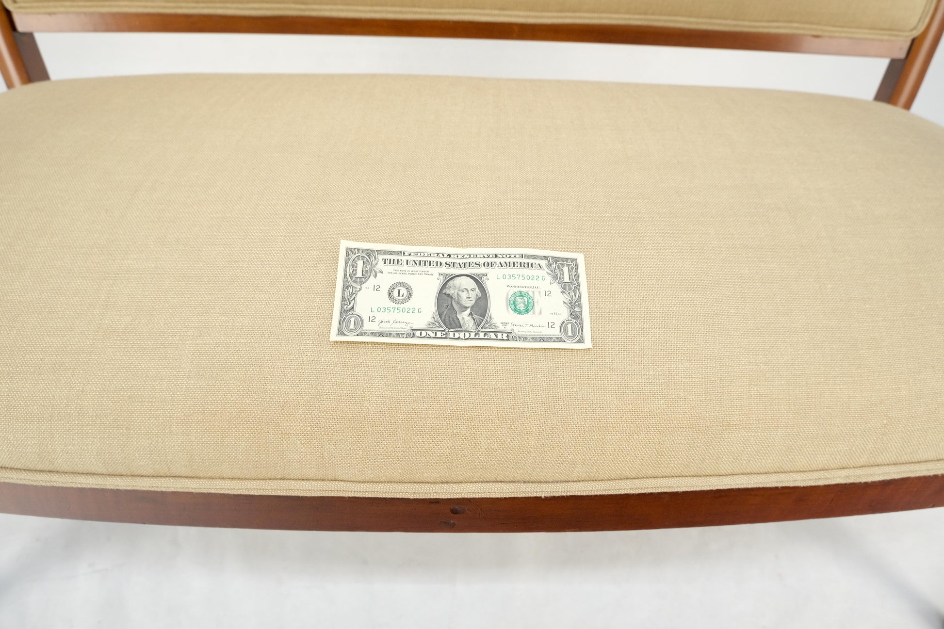 EstablishedLines New Solid Linen Upholstery Antique Louis Phillipe Style Carved Maple Loveseat