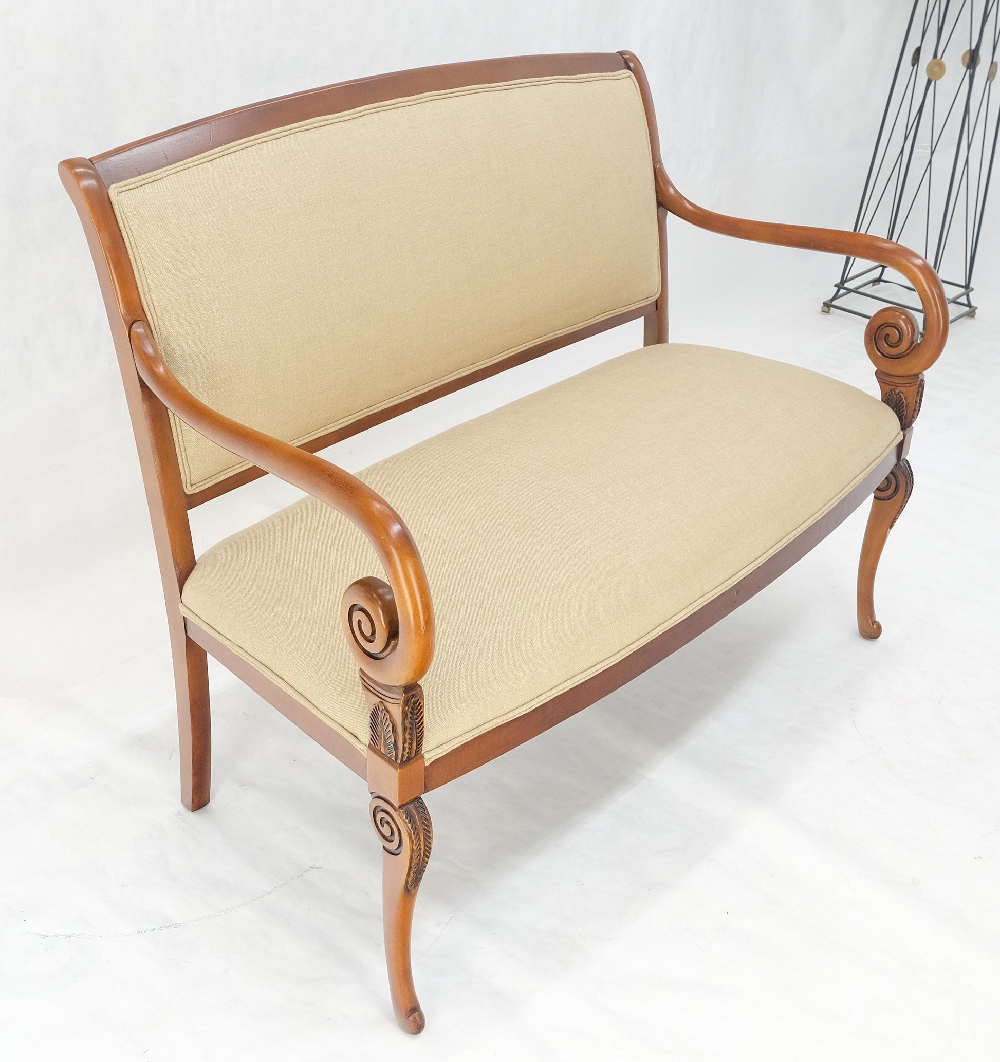 EstablishedLines New Solid Linen Upholstery Antique Louis Phillipe Style Carved Maple Loveseat