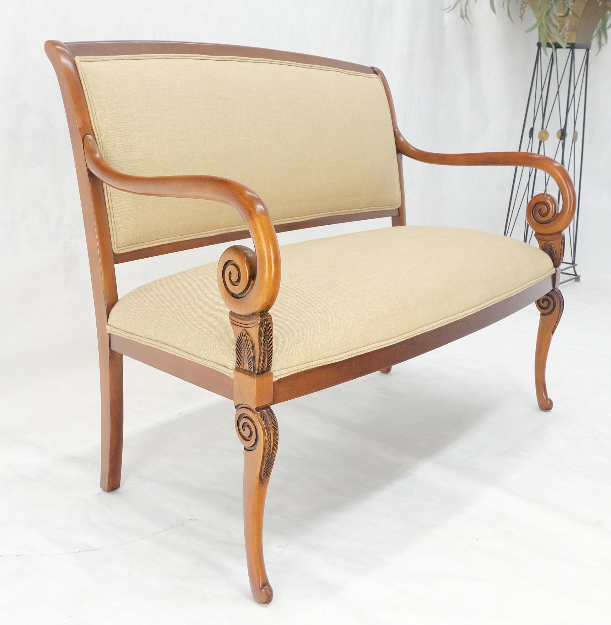 EstablishedLines New Solid Linen Upholstery Antique Louis Phillipe Style Carved Maple Loveseat