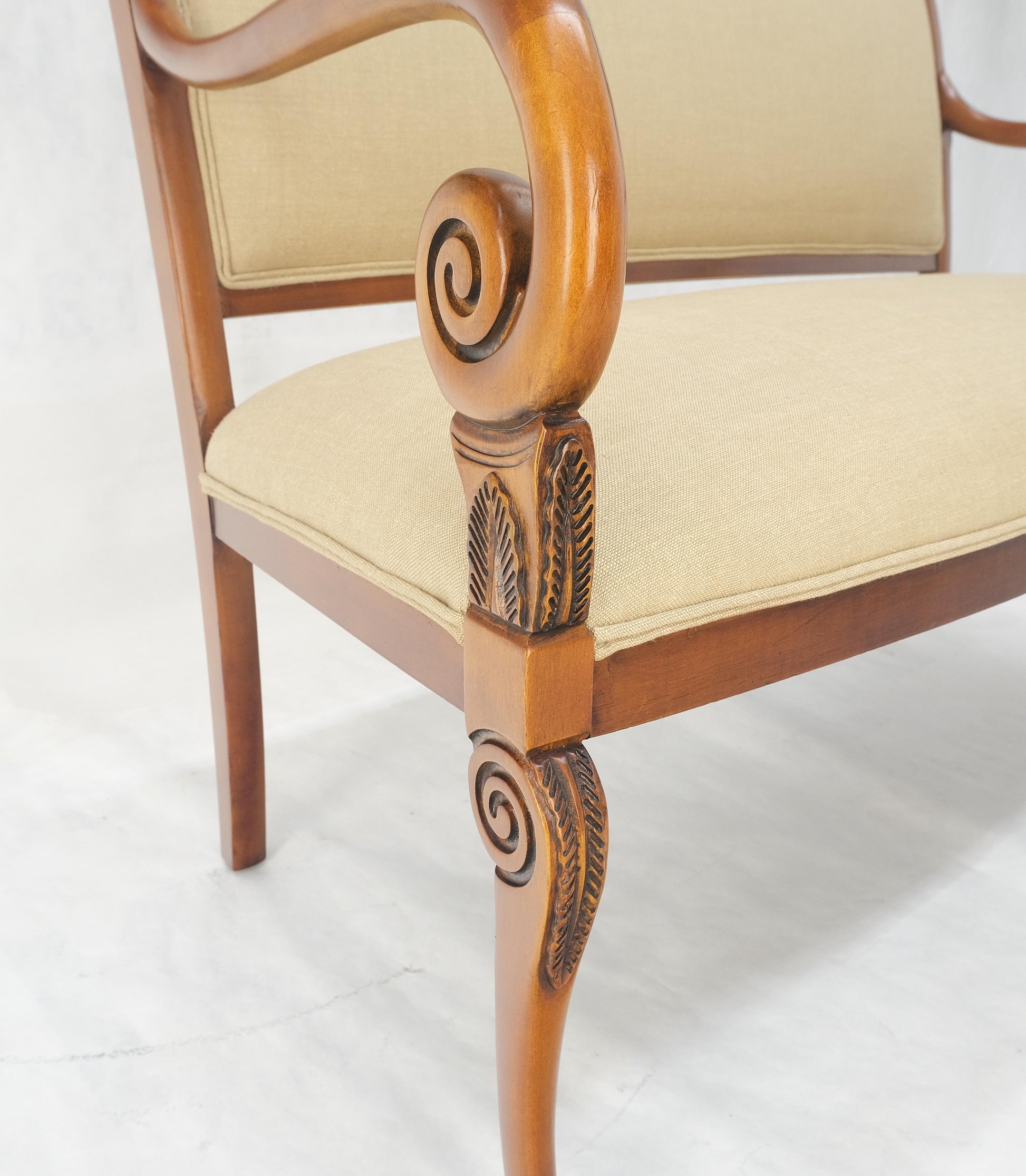 EstablishedLines New Solid Linen Upholstery Antique Louis Phillipe Style Carved Maple Loveseat