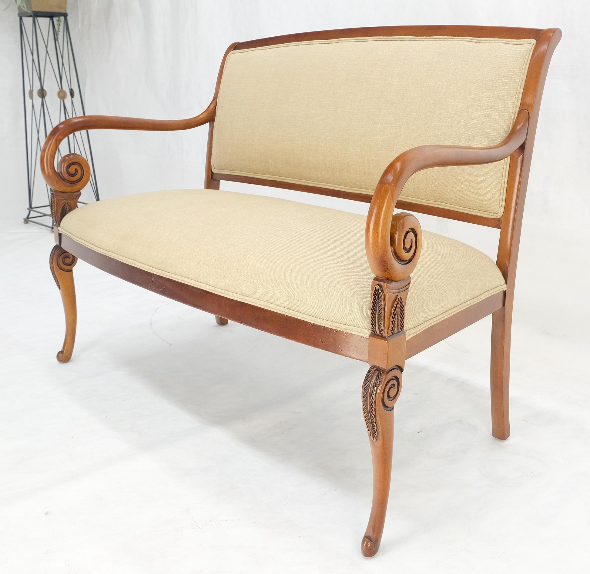 EstablishedLines New Solid Linen Upholstery Antique Louis Phillipe Style Carved Maple Loveseat