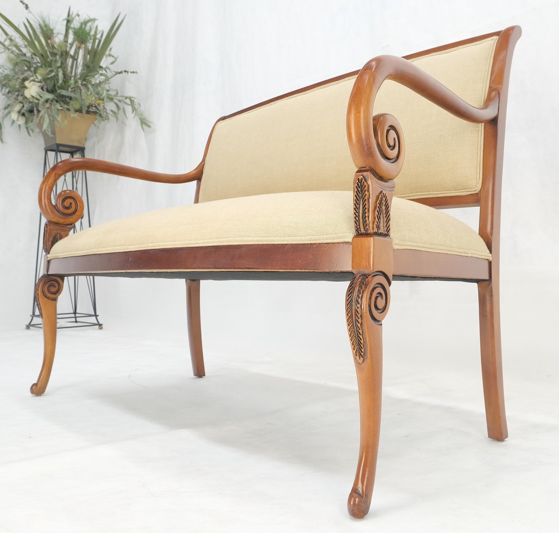 EstablishedLines New Solid Linen Upholstery Antique Louis Phillipe Style Carved Maple Loveseat