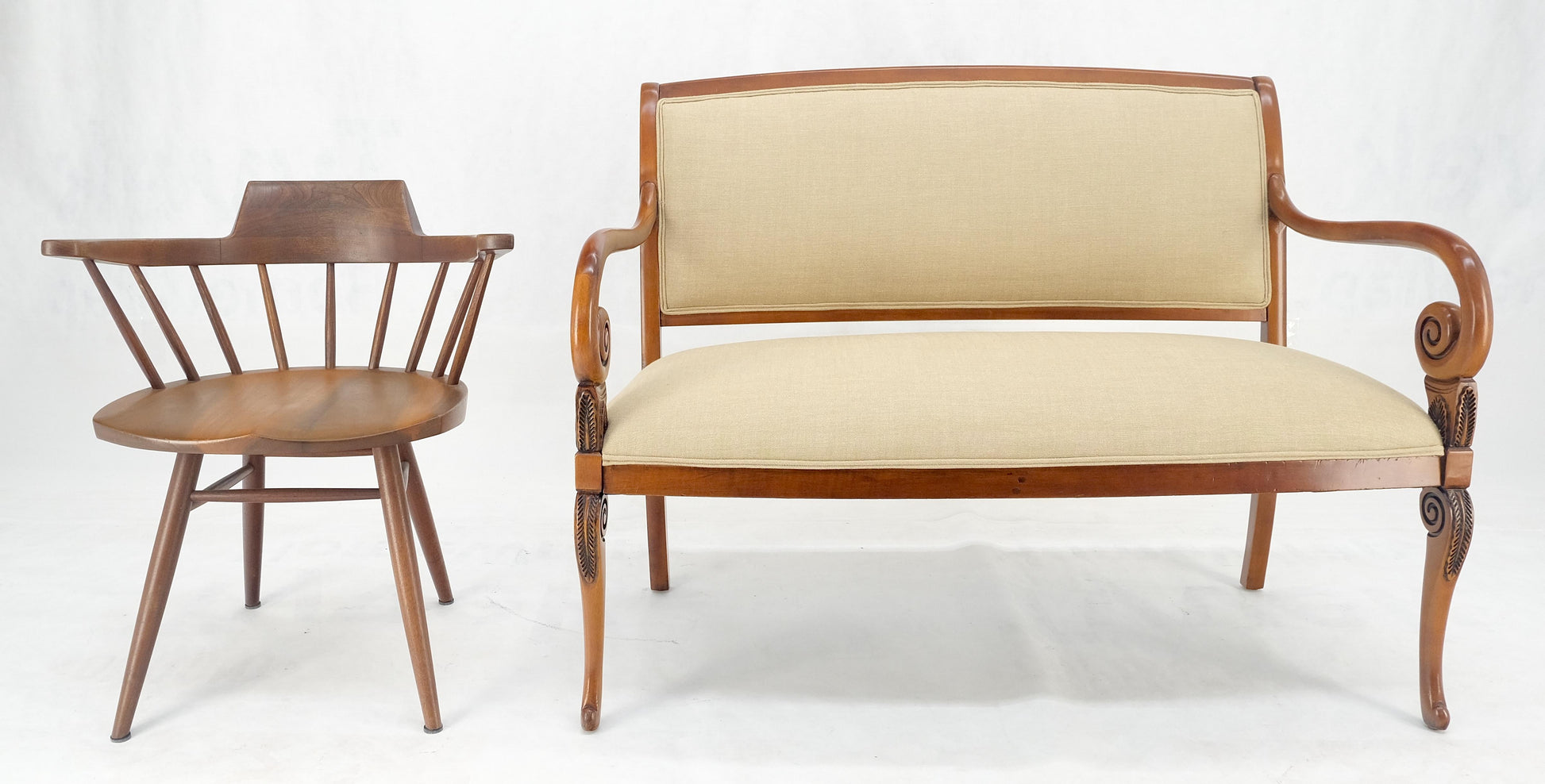 EstablishedLines New Solid Linen Upholstery Antique Louis Phillipe Style Carved Maple Loveseat