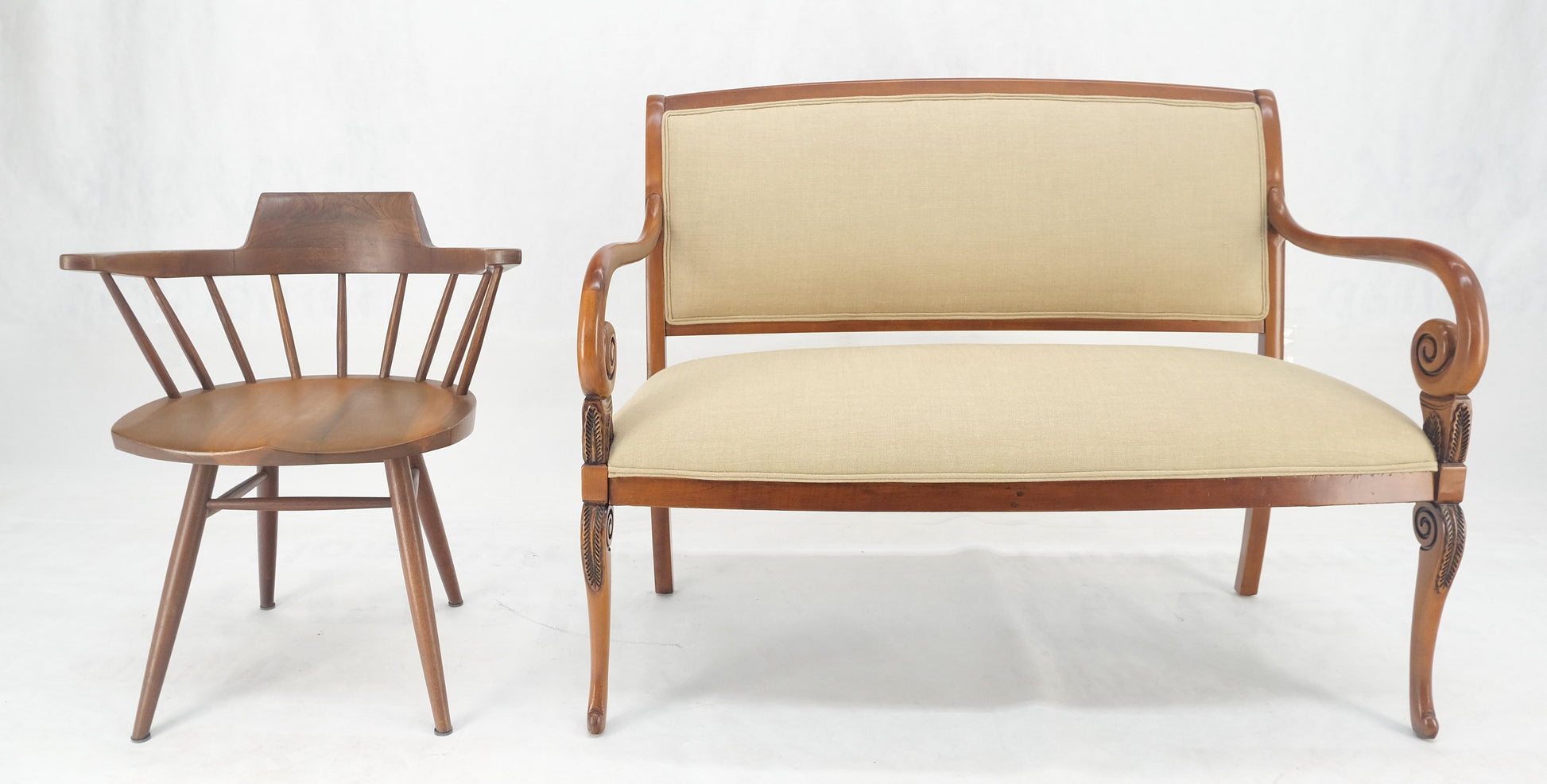 EstablishedLines New Solid Linen Upholstery Antique Louis Phillipe Style Carved Maple Loveseat